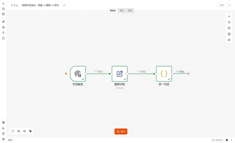 n8n 画布上三个节点全部打勾,连线标注 1 个项目,左下角出现清除执行