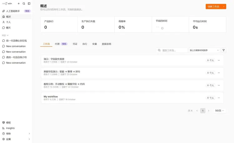 n8n 左侧导航栏展开后的样子:人工智能助手、概述、个人、聊天、模板、Insights、帮助、设置