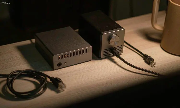 浅色木桌上并排放着一台无风扇迷你主机和一台小型 NAS,旁边是暖色台灯和几只卷好的网线