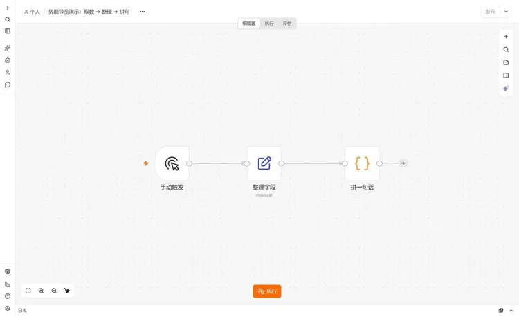 n8n 编辑器画布上的三节点工作流:手动触发、整理字段、拼一句话