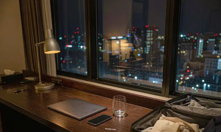 夜晚酒店房间的书桌上放着合上的笔记本电脑、手机和玻璃杯,桌边行李箱露出一角,窗外是虚焦的城市夜景