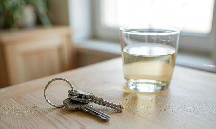 浅色木桌上放着一串车钥匙和一个装着温水的玻璃杯,窗边自然光